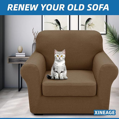 XINEAGE New 2 Pieces Chair Covers with Arms Super Stretch Chair Slipcover for Living Room Pet Dog Universal Slip Cover Anti Slip Armchair Furniture Protector (Brown), 31"-46"(1 Cushion)
