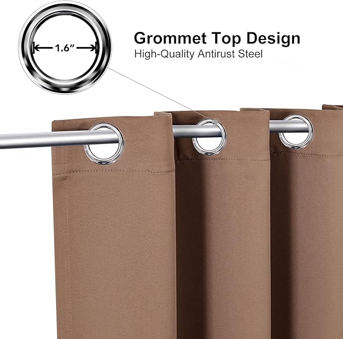 ChrisDowa Grommet Room Darkening Curtains for Bedroom and Living Room - 2 Panels Set Thermal Insulated Blackout Curtains (Cappuccino, 52W x 72L)
