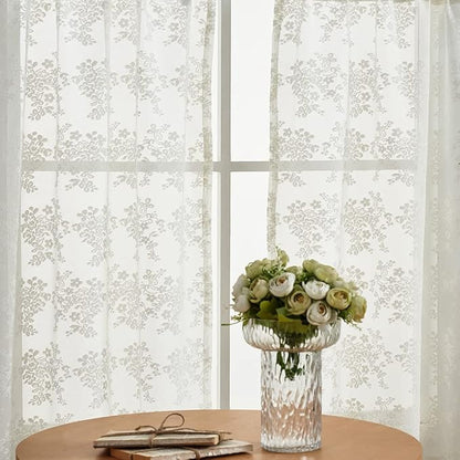 YJ YANJUN Vintage Lace Curtains 36 Inch Length-Victorian Floral Pattern Ivory Country Cafe Sheer Curtains for Kitchen & Bathroom, Short Light Filtering Drapes, 2 Panels 26W x 36L Cream