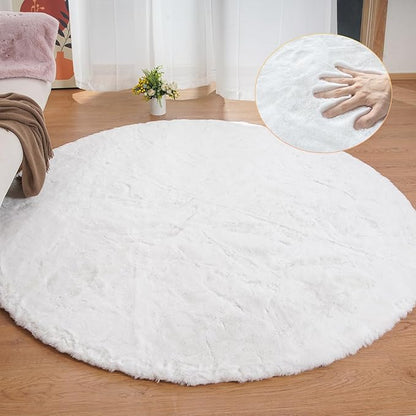 ORINOVA White Round Shag Rugs 6ft Faux Rabbit Washable Fur Area Rugs for Living Room Circle Fluffy Rugs for Bedroom Boho Rug Home Room Décor