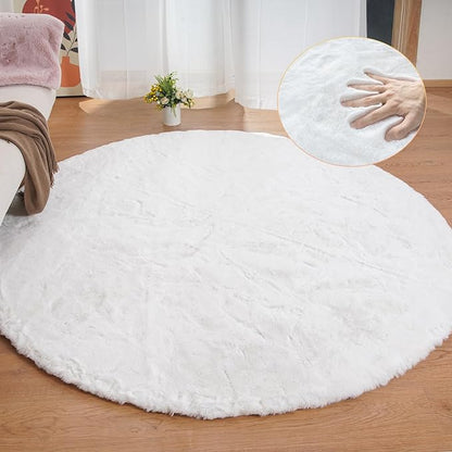ORINOVA White Shag Round Rugs 8ft for Dining Room Table Faux Bunny Machine Washable Fur Area Rugs for Bedroom Living Room Nursery Circle Rug
