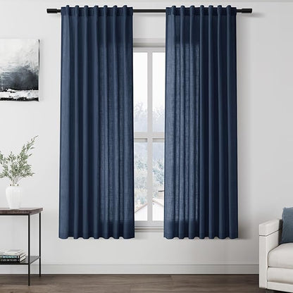 Denim Blue Linen Curtains for Living Room 63 Inches Long 2 Panel Set Light Filtering Linen Drapes for Kitchen Windows Rod Pocket Back Tab Short See Through Curtain Country Farmhouse Decor 52x63