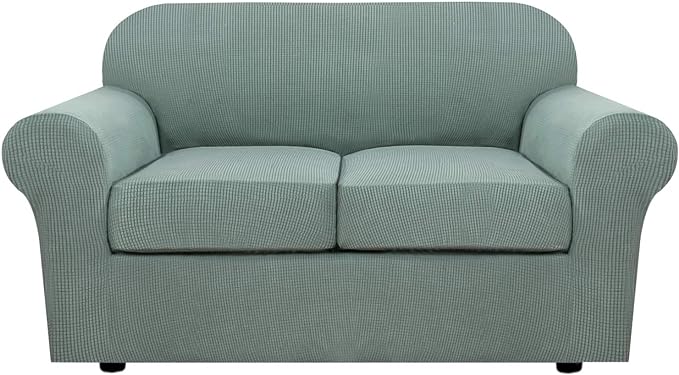 H.VERSAILTEX 3 Piece Stretch Sofa Covers for 2 Cushion Loveseat Couch Covers for Living Room Sofa Slipcovers (Base Cover Plus 2 Seat Cushion Covers) Thicker Jacquard Fabric(Medium Sofa, Sage)