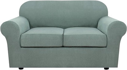 H.VERSAILTEX 3 Piece Stretch Sofa Covers for 2 Cushion Loveseat Couch Covers for Living Room Sofa Slipcovers (Base Cover Plus 2 Seat Cushion Covers) Thicker Jacquard Fabric(Medium Sofa, Sage)