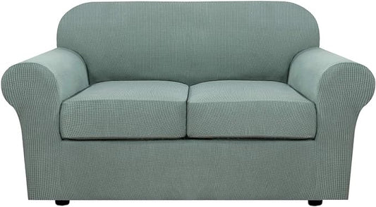 H.VERSAILTEX 3 Piece Stretch Sofa Covers for 2 Cushion Loveseat Couch Covers for Living Room Sofa Slipcovers (Base Cover Plus 2 Seat Cushion Covers) Thicker Jacquard Fabric(Medium Sofa, Sage)