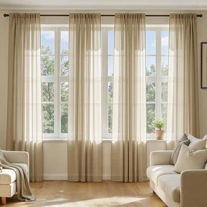 MIULEE Beige Sheer Curtains 72 Inches Long, 4 Panels Set, Rod Pocket Voile Drapes Light Filtering and Semi Transparent, Elegant Window Treatments for Bedroom Living Room,42 x 72 Inches