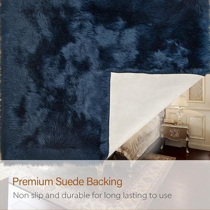 LOCHAS Soft Fluffy Faux Fur Rugs for Bedroom Bedside Rug 3x5 Feet, Washable, Furry Sheepskin Area Rug for Living Room Girls Room, Luxury Shag Carpet Home Decor, Light Navy