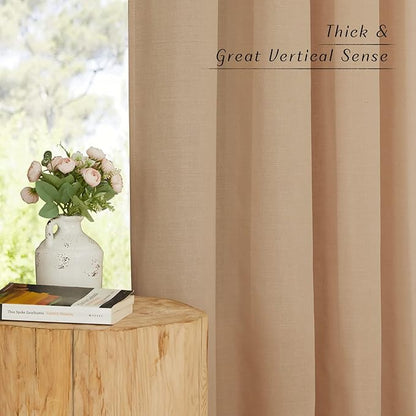 NICETOWN Linen Flax Semi Sheer Curtains 94" Length, Grommet Window Treatments Privacy Added with Light Penetration Vertical Drapes for Loft/Home Office, Camel, W55 x L94, 2 Panels