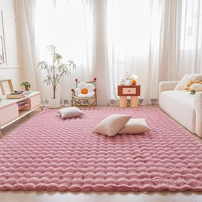 Pink Rabbit Plush Rug 6'x9', Fluffy Faux Fur Shaggy Area Rug for Nursery, Kids Room Decor, Soft Fuzzy Carpet for Living Room, Bedroom, Teen Girls Room