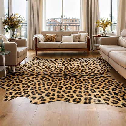 AROGAN Western Decor Faux Fur Leopard Rug, 4.6 x 5.2 Feet Premium Animal Skin Leopard Hide Rug, Sturdy Cheetah Print Rugs for Wall Decor, Western Floor Carpet for Bedroom Living Room, Black and Gold
