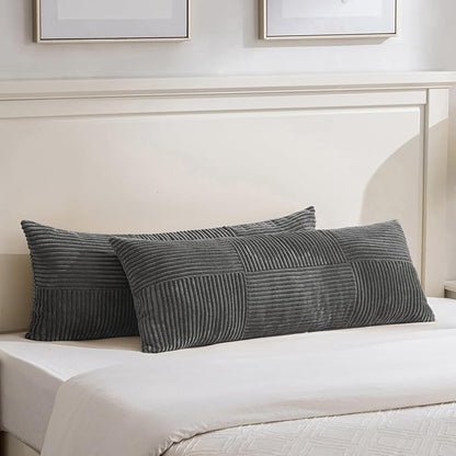 Fancy Homi Set of 2 Dark Gray Boho Long Lumbar Body Decorative Throw Pillow Cover 14x36 Inch for Bed Couch Bedroom Bench, Soft Patchwork Corduroy Textured Pillow Case, Rustic Farmhouse Room Décor