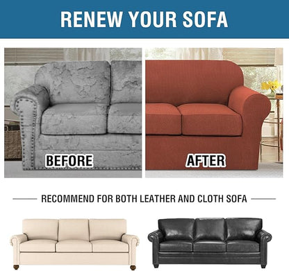 H.VERSAILTEX 4 Piece Stretch Sofa Covers for 3 Cushion Couch Covers for Living Room Furniture Slipcovers (Base Cover Plus 3 Seat Cushion Covers) Thicker Jacquard Fabric (Large Sofa, Rust)