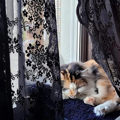 YJ YANJUN Vintage Lace Curtains 45 Inch Length-Victorian Dark Floral Pattern Black Sheer Curtain Panels for Kitchen Bedroom,Light Filtering, Gothic Witchy Halloween Short Drapes 2 Panels 52W x 45L