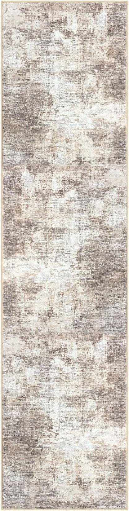 IOHOUZE Abstract Runner Rug 2x8 Ft Washable Runners for Hallways, Non Slip Kitchen Runner Printed Faux Wool Entryway Runner Indoor, Modern Abstract Floor Carpet for Hall Kitchen Bedroom, Beige Brown