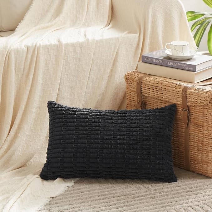 Fancy Homi 4 Packs Boho Black Decorative Throw Pillow Covers 12x24 Inch for Living Room Couch Bed Sofa, Rustic Modern Farmhouse Home Decor, Soft Plush Corduroy Cute Square Cushion Case 30x60 cm