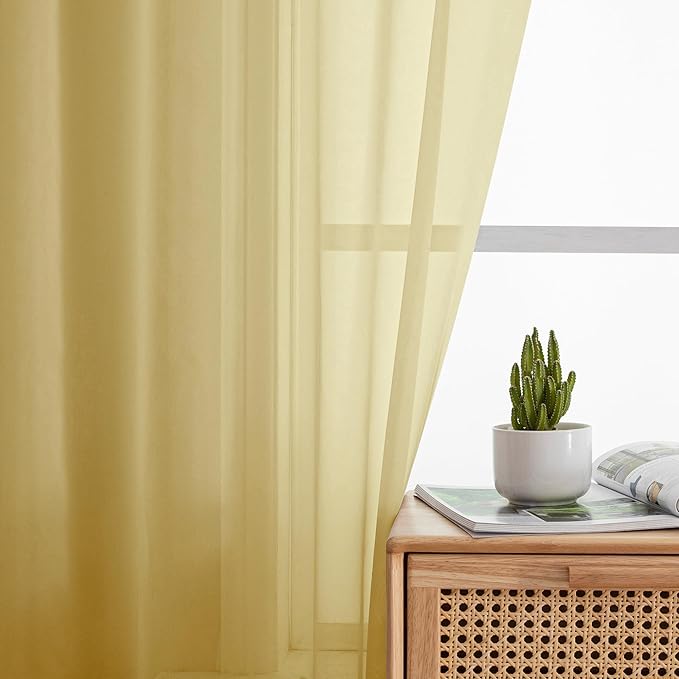 Simplebrand Yellow Sheer Curtains 63 Inch Length 2 Panels, Rod Pocket Solid Color Window Sheer Curtain Panels, Elegant Curtains & Drapes for Living Room, Bedroom (42" W x 63" L)