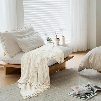lifein Throw Blanket for Couch, Soft Boho Decor Bed Throw,Cozy Blue Chenille Knitted Small Farmhouse Lightweight Throw for All Season(Off White,50 * 60")
