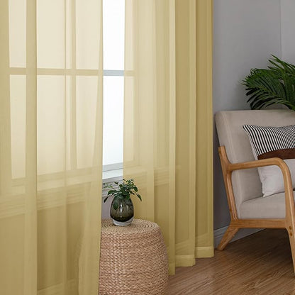 Simplebrand Gold Sheer Curtains, 72" Length, 2 Panels Set - Light Filtering, Rod Pocket Window Curtains for Bedroom (Gold, 59" W x 72" L)