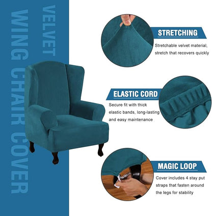 H.VERSAILTEX Wingback Chair Covers Velvet Plush Wing Chair Slipcover 1 Piece High Stretch Wing Back Chair Slipcovers Sofa Cover Furniture Cover with Elastic Bottom, Deep Teal