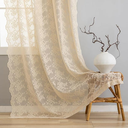 YJ YANJUN Vintage Lace Curtains 72 Inches Long-Victorian Flower Beige Voile Sheer Curtains for Dining Room Bathroom Bay Window Privacy Boho French Country Farmhouse Room Decor 2 Panels 52x72