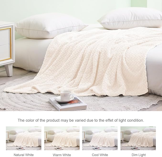 Exclusivo Mezcla Fleece Twin Size Blanket for Bed, 60x80 Inches Soft Cozy Jacquard Flannel Blankets, Lightweight Fuzzy Plush Warm for Women, Off White