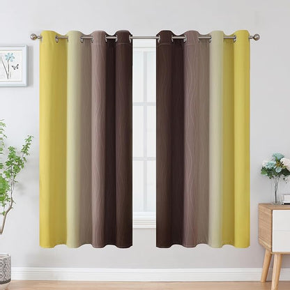 Estelar Textiler Brown and Yellow Blackout Curtains for Kids Room, Full Room Darkening Grommet Ombre Curtains for Bedroom, Thermal Insulated Light Blocking Gradient Drapes, 52Wx63L, 2 Panels