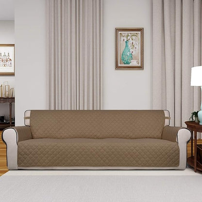 PureFit Reversible Quilted Sofa Cover, Water Resistant Slipcover Furniture Protector, Washable Couch Cover with Non Slip and Elastic Straps for Kids, Dogs, Pets (XX Large, Camel/Ivory)
