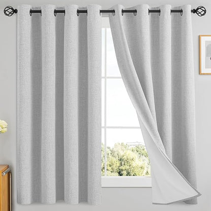 Yakamok White Linen Curtains 100% Blackout 63 Inches Long,Room Darkening Textured Curtains for Living Room Thermal Grommet Bedroom 2 Panels with Greyish White Liner