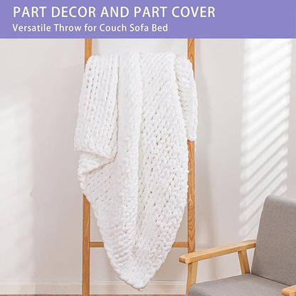 Bigacogo Chunky Knit Throw Blanket for Couch, 51x63 inches, 100% Hand Knitted with Thick Jumbo Chenille Yarn, Cozy Soft Large Rope Knot Cable Crochet Blankets for Sofa Bed Living Room, White