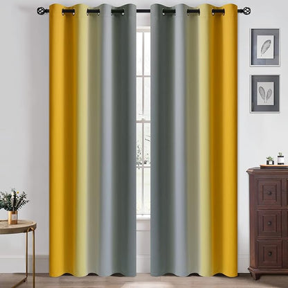 Yakamok Ombre Yellow and Grey Curtains for Bedroom, Gradient Room Darkening Curtains 84 inches long,Grommet Thermal Insulated Light Blocking Window Drapes/Curtain for Living Room,52 x 84 Inch,2 Panels