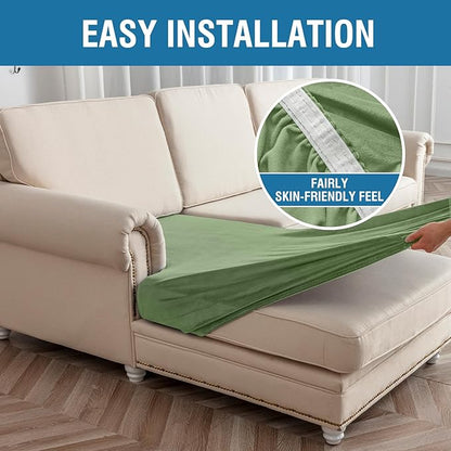 Couch Cover 6-Piece Elastic Velvet Couch Cushion Covers & Chaise Slipcovers for L-Shaped Sofas, Sofa Seat Covers Washable, Soft Cover for Couches (5 Seater + Chaise, Avocado Green)