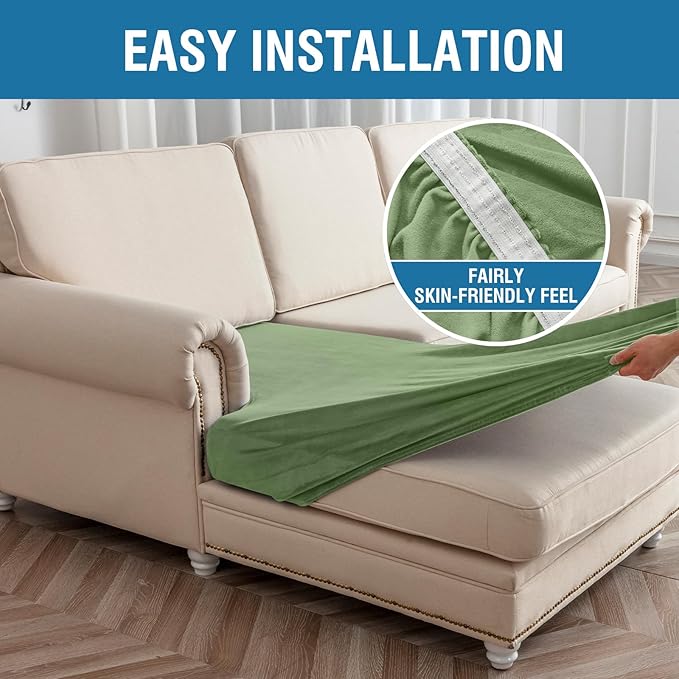 Couch Cover 8-Piece Elastic Velvet Couch Cushion Covers & Chaise Slipcovers for L-Shaped Sofas, Sofa Seat Covers Washable, Soft Cover for Couches (7 Seater + Chaise, Avocado Green)