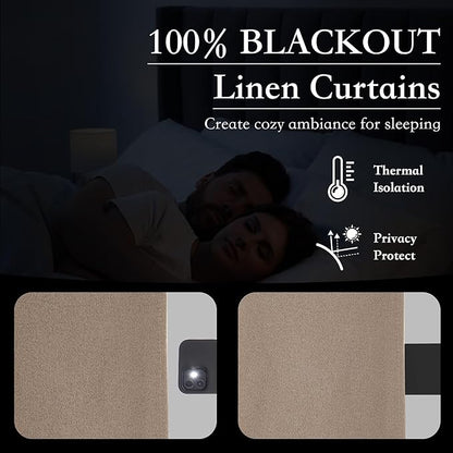 RYB HOME 100% Blackout Flax Linen Curtains 90 Inch Long, Light Block and Thermal Insulated Drapes, Total Blackout Curtains for Living Room/Bedroom/Nursery, 2 Panels, 52 Inch Wide, Mocha