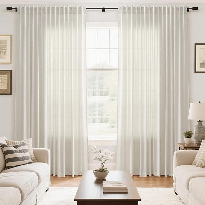 Nanspring Extra Wide 100x96 Inch Linen Curtains for Living Room Divider Light Filtering Semi Sheer Patio Curtains for Sliding Door Natural Coastal Decor Sunroom Floor to Ceiling Window Curtain