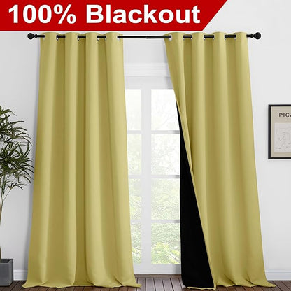 NICETOWN 100% Blackout Blinds, Set of 2, 52 inches x 120 inches, Laundry Room Decor Window Treatment Curtains for Large Patio Sliding Door, Thermal Insulated Paler Yellow Curtains for Bedroom