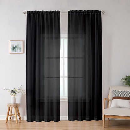 OWENIE Black Sheer Curtains, Sheer Curtains 78 inch Length 2 Panels Set, Rod Pocket Voile Fimly Sheer Drapes for Living Room/Bedroom, 2pcs, Each 42" W x 78" L, Black