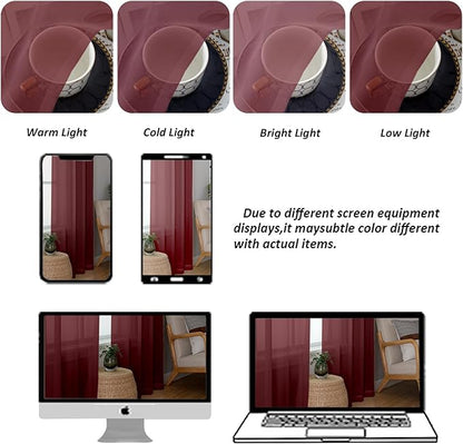 Chyhomenyc Burgundy Sheer Valances for Windows - Light Filtering Small Kitchen Curtains, Rod Pocket Short Top Window Treatment Decor for Living Room Bathroom Basement, 42Wx16L inches, 2 Panels