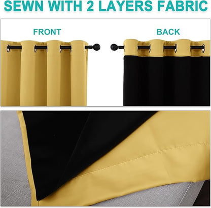 NICETOWN 100% Blackout Curtains with Black Liners, Thermal Insulated Full Blackout 2-Layer Lined Drapes, Energy Efficiency Window Drapes for Bedroom (Bright Yellow, 2 Panels, 62-inch W by 63-inch L)