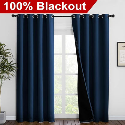 NICETOWN Moroccan Blue Full Shade Curtain Panels, Pair of Energy Smart & Noise Blocking Out Blackout Drapes for Dining Room Window, Thermal Insulated Guest Room Lined Window Dressing(55 x 86 inch)