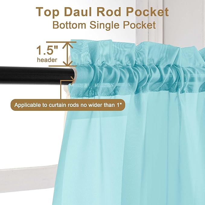 Chyhomenyc Sheer Curtains 36 inch Length 2 Panels Set, Light Filtering Voile Rod Pocket Short Window Curtians for Bathroom Living Room Farmhouse Small Windows, Each 42Wx36L in, 2PCS, Aqua