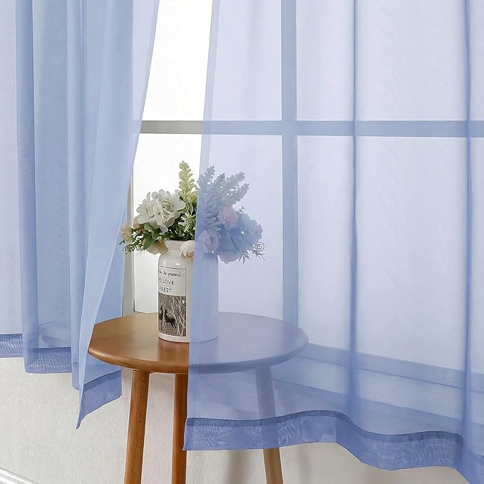 Lecloud Denim Blue Sheer Curtains 63 Inch Length 2 Panels, Light Filtering Voile Bedroom Curtains with Rod Pocket, Airy Farmhouse Window Drapes for Living Room Dining Room, Each Panel 42" W x 63" L