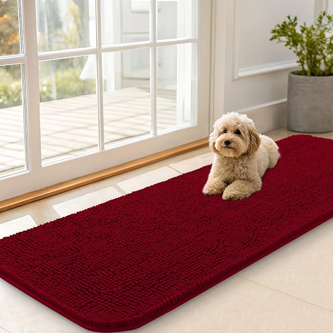 OLANLY Dog Door Mat for Muddy Paws 59x20, Absorbs Moisture and Dirt, Absorbent Non-Slip Washable Doormat, Quick Dry Chenille Mud Mat for Dogs, Entry Indoor Entryway Carpet for Inside Floor, Red