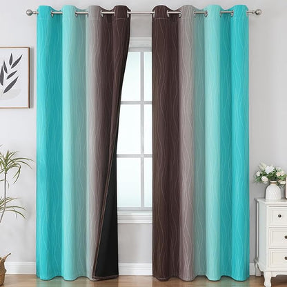 Estelar Textiler Brown and Teal Ombre Blackout Curtains 90 Inch Length 2 Panels Set, Thermal Insulated Drapes for Bedroom, Full Room Darkening Grommet Gradient Curtains for Living Room,52Wx90L