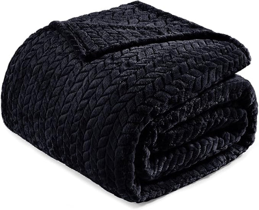 Exclusivo Mezcla Fleece Queen Size Blanket for Bed, 90x90 Inches Soft Cozy Jacquard Flannel Blankets, Lightweight Fuzzy Plush Warm for Women, Black