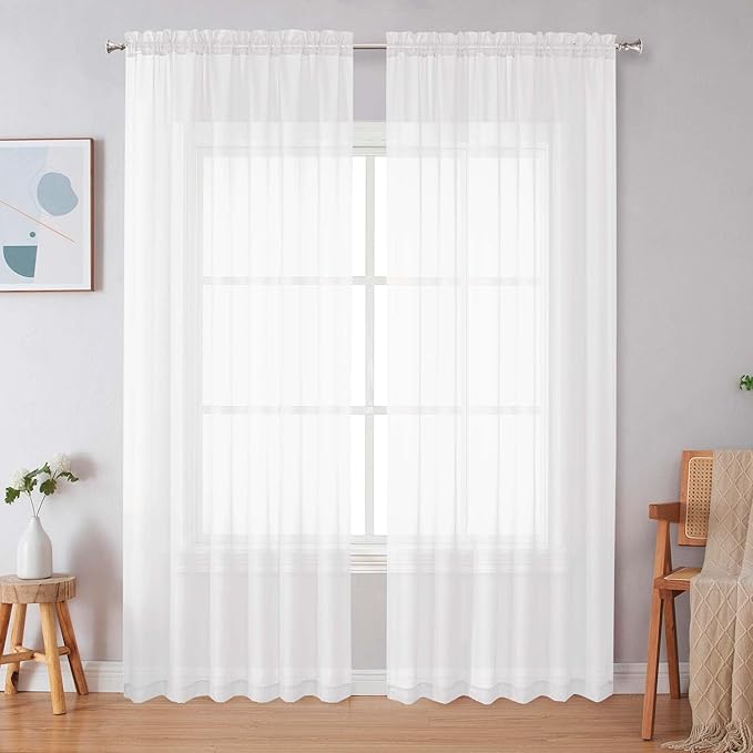 Simplebrand White Sheer Curtains 90 Inches Long, Light Filtering Rod Pocket Solid Color Window Sheer Curtain Panels, Elegant Curtains & Drapes for Living Room, Bedroom 2 Panels (White, 59" W x 90" L)