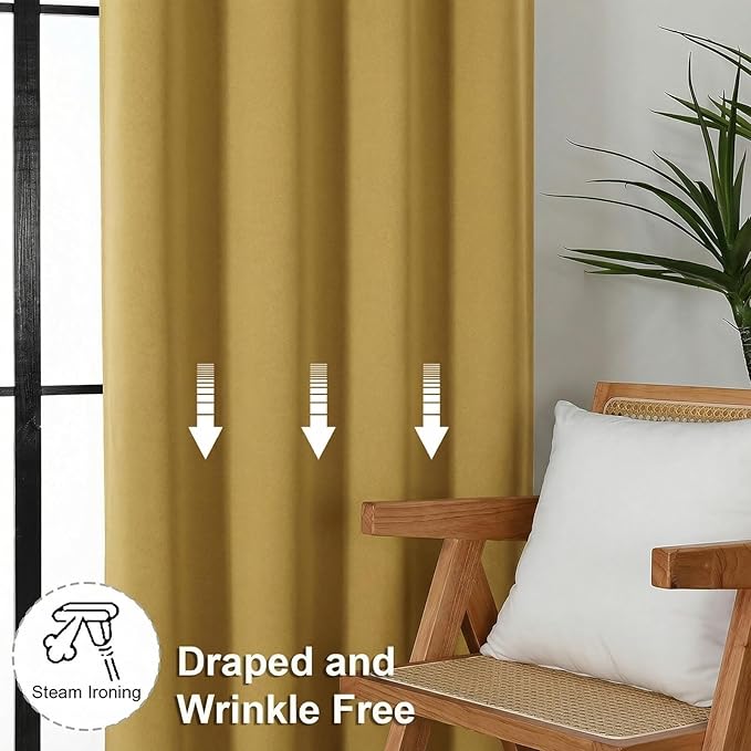 Simplebrand Bright Gold Blackout Curtains for Bedroom 96 Inches Long 2 Panels, Solid Thermal Insulated, Energy Saving Living Room Window Treatment Curtains Blackout Drapes, W50 x L96 Inch, Bright Gold