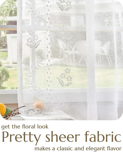 jinchan Belrose Linen Sheer Curtains for Living Room 63 Inch Length Sheer Voile Embroidered Floral Curtains for Bedroom Light Filtering Rod Pocket Window Treatments Farmhouse Decor 2 Panels White