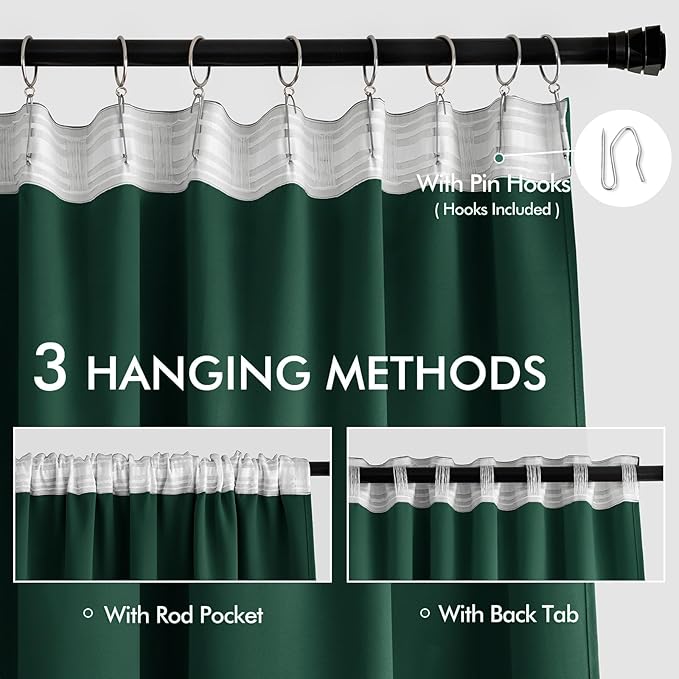 MIULEE Christmas Hunter Green Back Tab Blackout Curtains 90 Inches Long 2 Panels Set for Living Room Bedroom, Rod Pocket/Pinch Pleat Thermal Insulated Room Darkening Pleated Light Blocking Drapes