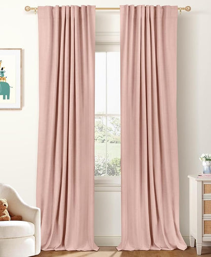 100% Blackout Shield Linen Blackout Curtains for Bedroom 120 Inches Long, Back Tab/Rod Pocket Living Room Drapes, Thermal Insulated Blackout Curtains 2 Panels Set, 50" W x 120" L, Blush Pink