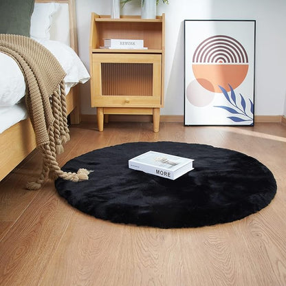 Ghouse Faux Rabbit Fur Round Rug 3ft Black Round Rugs for Bedroom Decor Fluffy Area Rugs for Living Room, no-Shedding Carpet Sheepskin Washable Rug Rome Decor